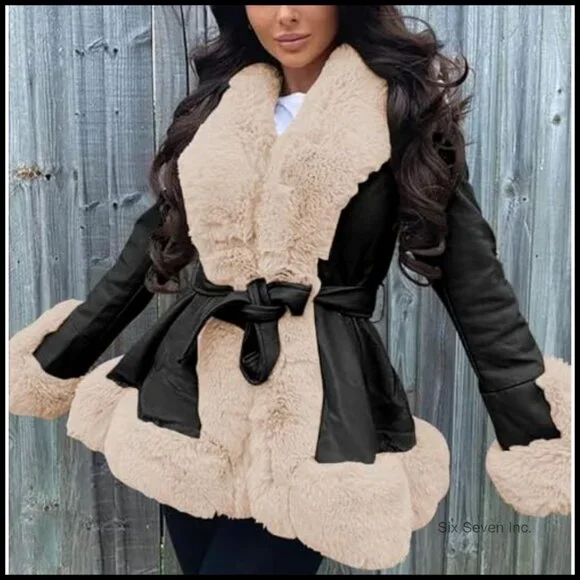 Faux Leather Jacket with Fur Collar Slim Fit Parka Coat - Picture 4 of 7